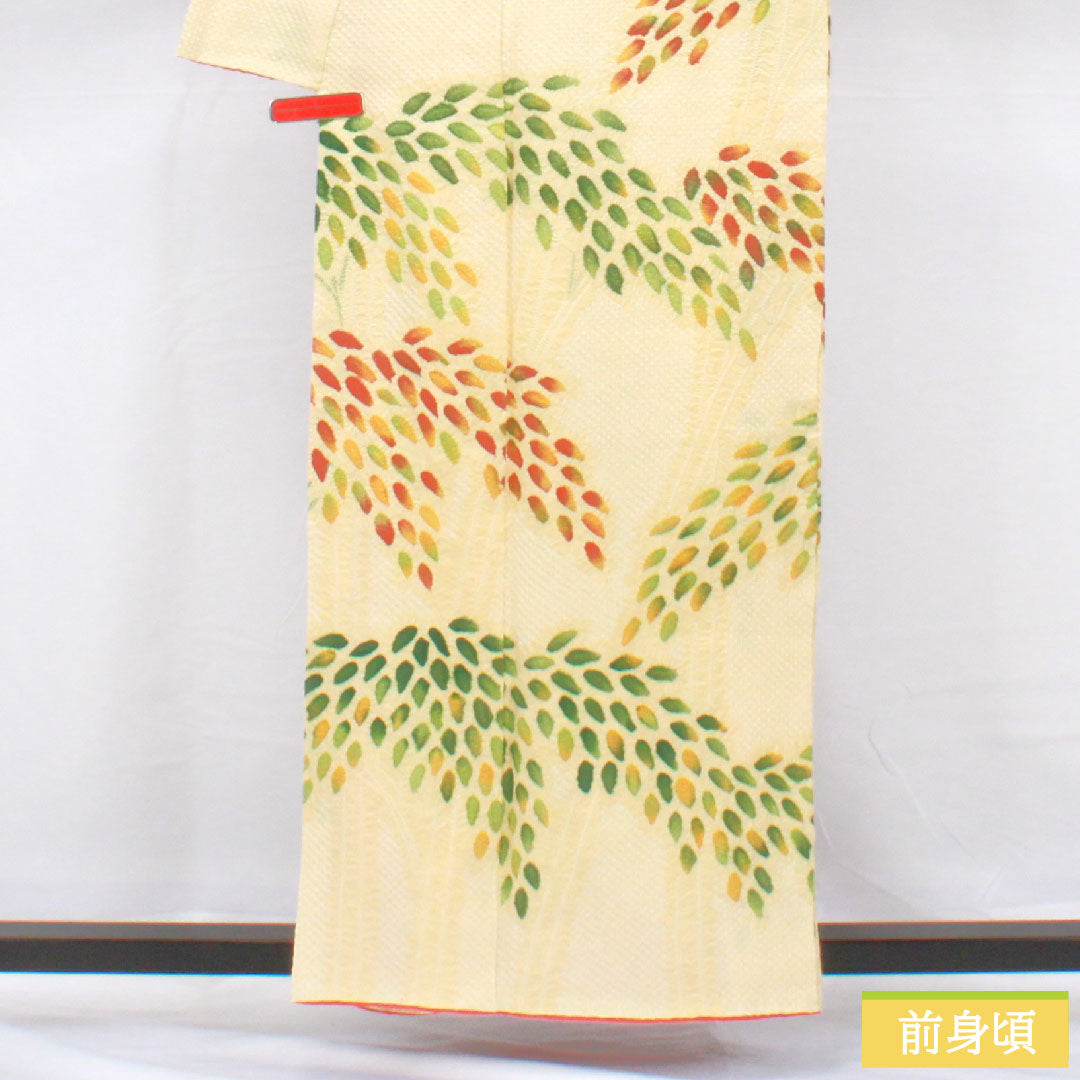 訪問着 正絹 袷 身丈160.5cm 裄丈64.5cm 淡黄色（たんこうしょく） 総絞り 抽象模様 Sランク 黄系 1112005552423