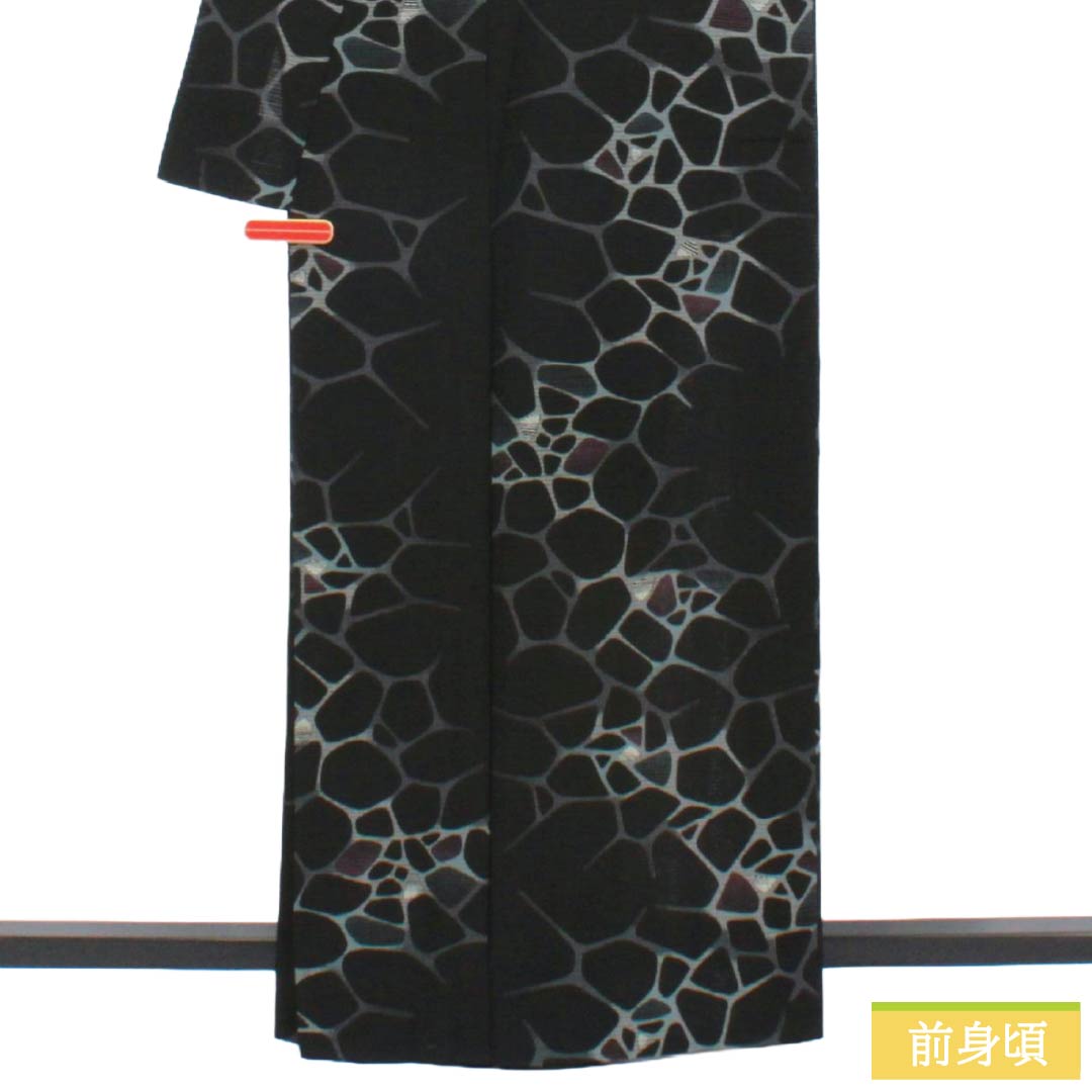 夏物 ポリエステル 小紋 Aランク 身丈163.5cm 裄丈67.5cm 抽象模様 洗える着物 絽 黒系 1132003283410
