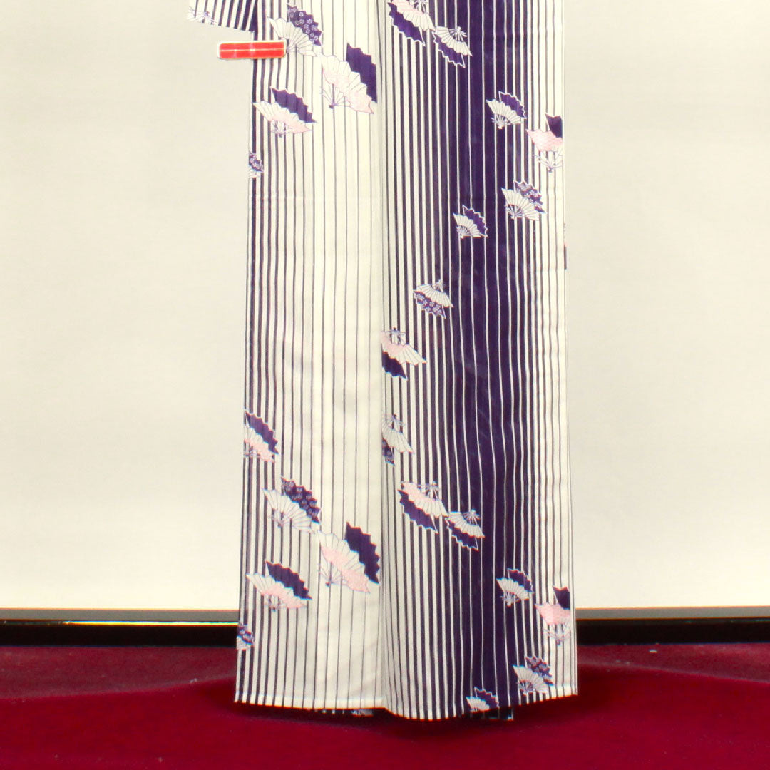 夏物 ポリエステル 小紋 身丈162.5cm 裄丈62cm  洗える着物 扇 縞 絽 Sランク グラデーション系 1132000712499
