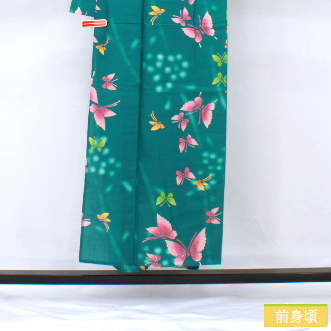 浴衣 木綿 身丈151.5cm 裄丈61.5cm Sランク 単衣 緑系 織色（おりいろ） 蝶 1118005862219
