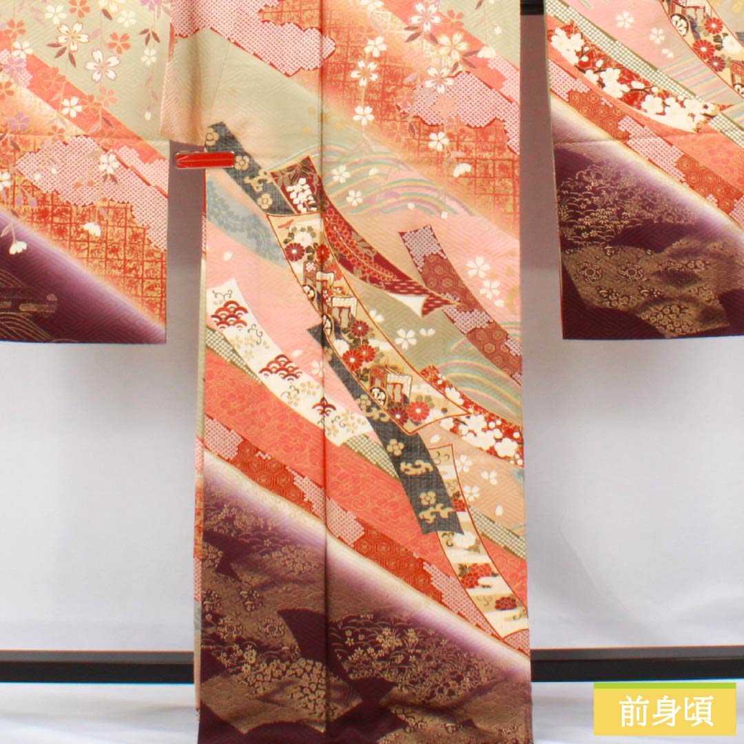 振袖 正絹 Bランク 身丈166cm 裄丈64.5cm 袷 真朱色（しんしゅいろ） 京友禅 吉祥文様 鶴 桜 藤 赤系 1113002164512