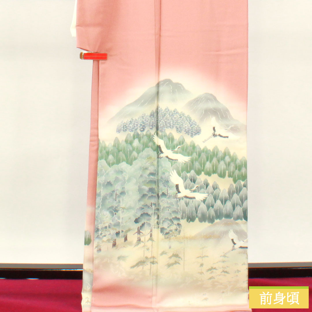 訪問着 正絹 袷 身丈170.5cm 裄丈69.5cm 一重梅色（ひとえうめいろ） 京友禅 比翼仕立て 風景模様 鶴 三つ紋 Sランク ピンク系 1112004612613