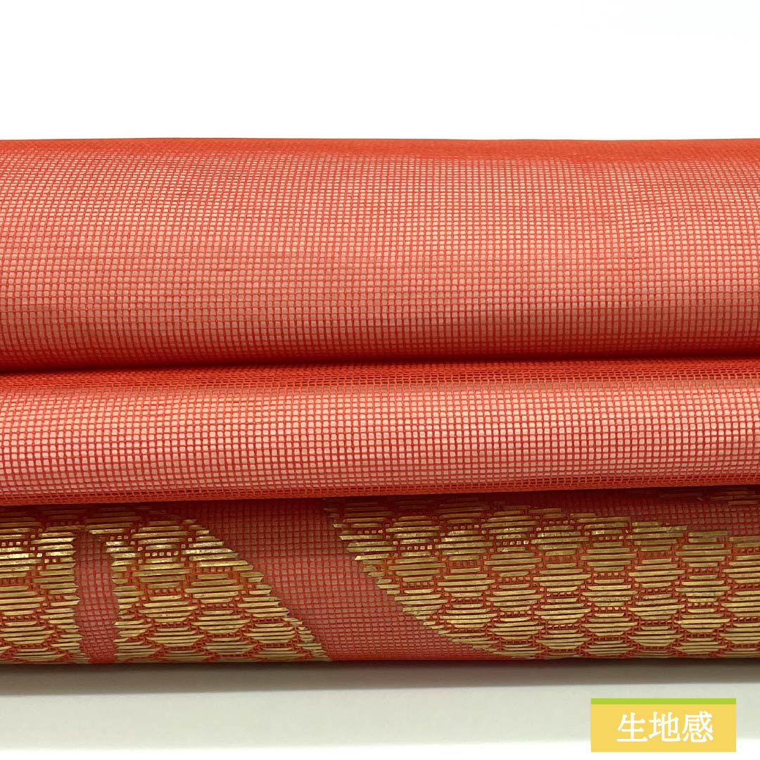 名古屋帯 ポリエステル 甚三紅色（じんざもみいろ） 夏帯 草花模様 帯丈348cm Sランク ポイント柄 セミフォーマル 朱系 1124008542316 名古屋仕立て