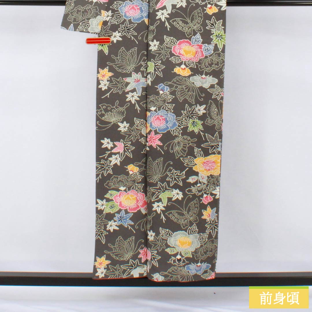 小紋 正絹 Sランク 身丈154cm 裄丈64cm 袷 薄黒色（うすぐろいろ） 京紅型 半衿付き 蝶 花 グレー系 1115007742222