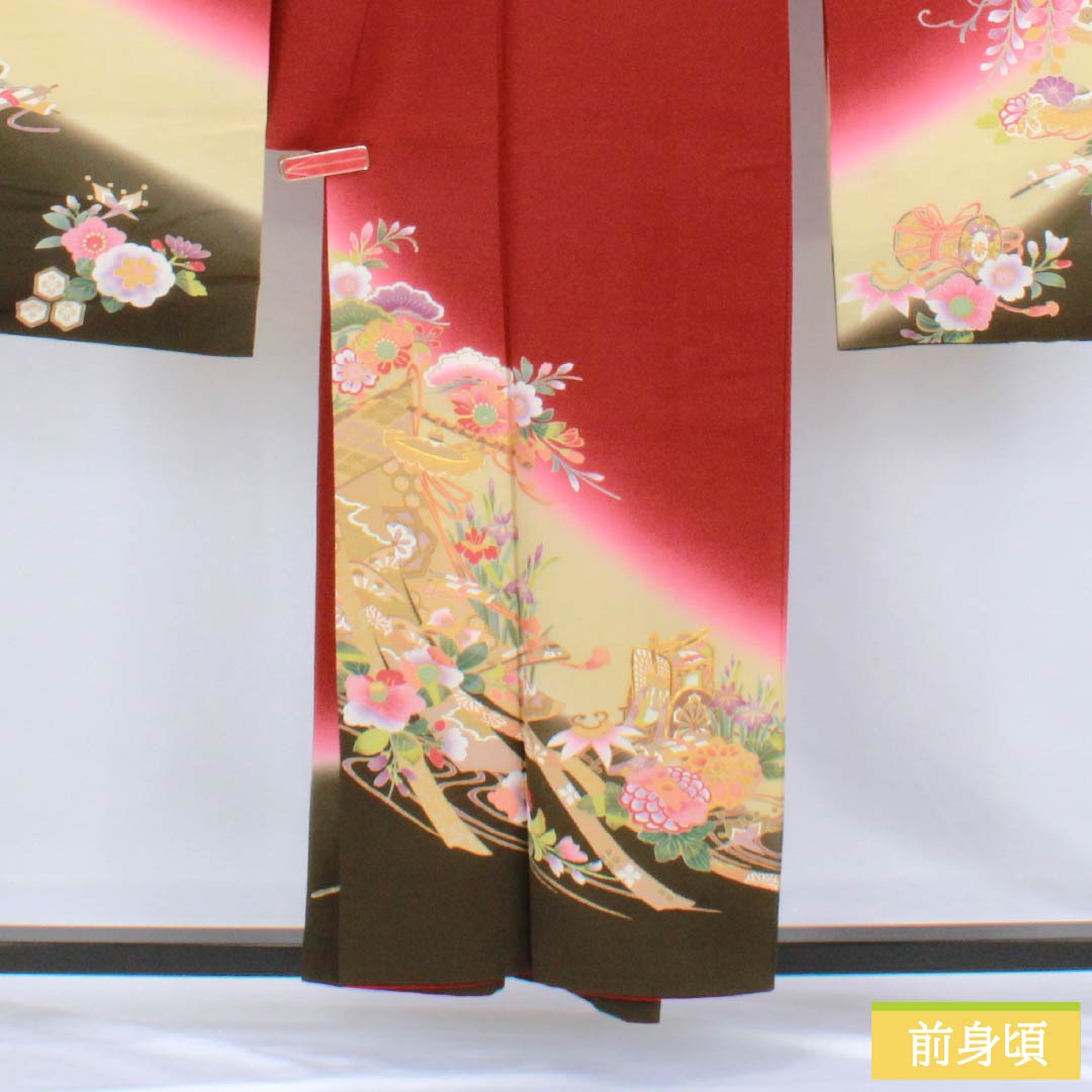 リサイクル着物】振袖 正絹 Sランク 身丈155.5cm 裄丈64.5cm 袷 生臙脂