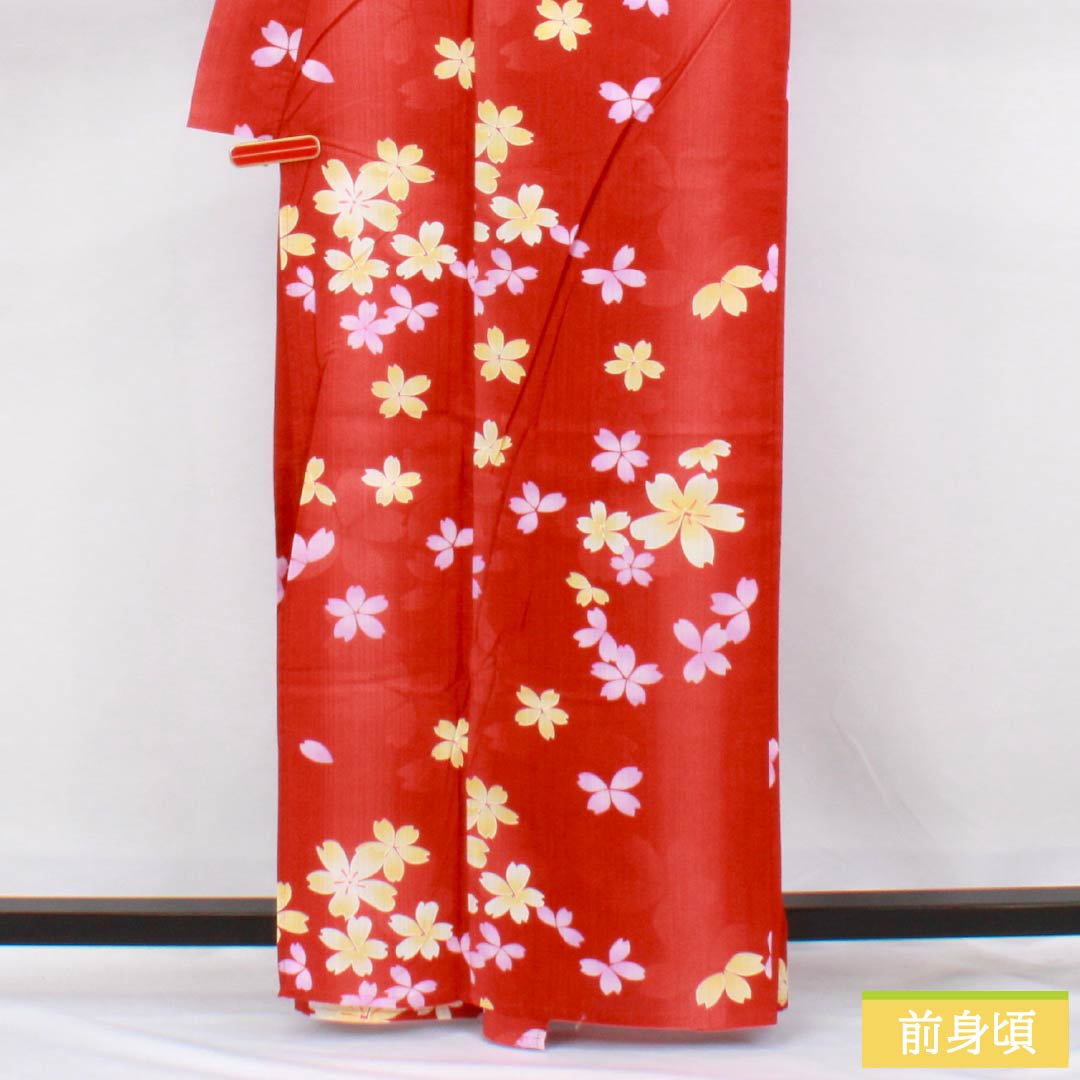 浴衣 木綿 身丈162cm 裄丈67.5cm Sランク 単衣 朱系 辰砂色（しんしゃいろ） 桜 1118006512416