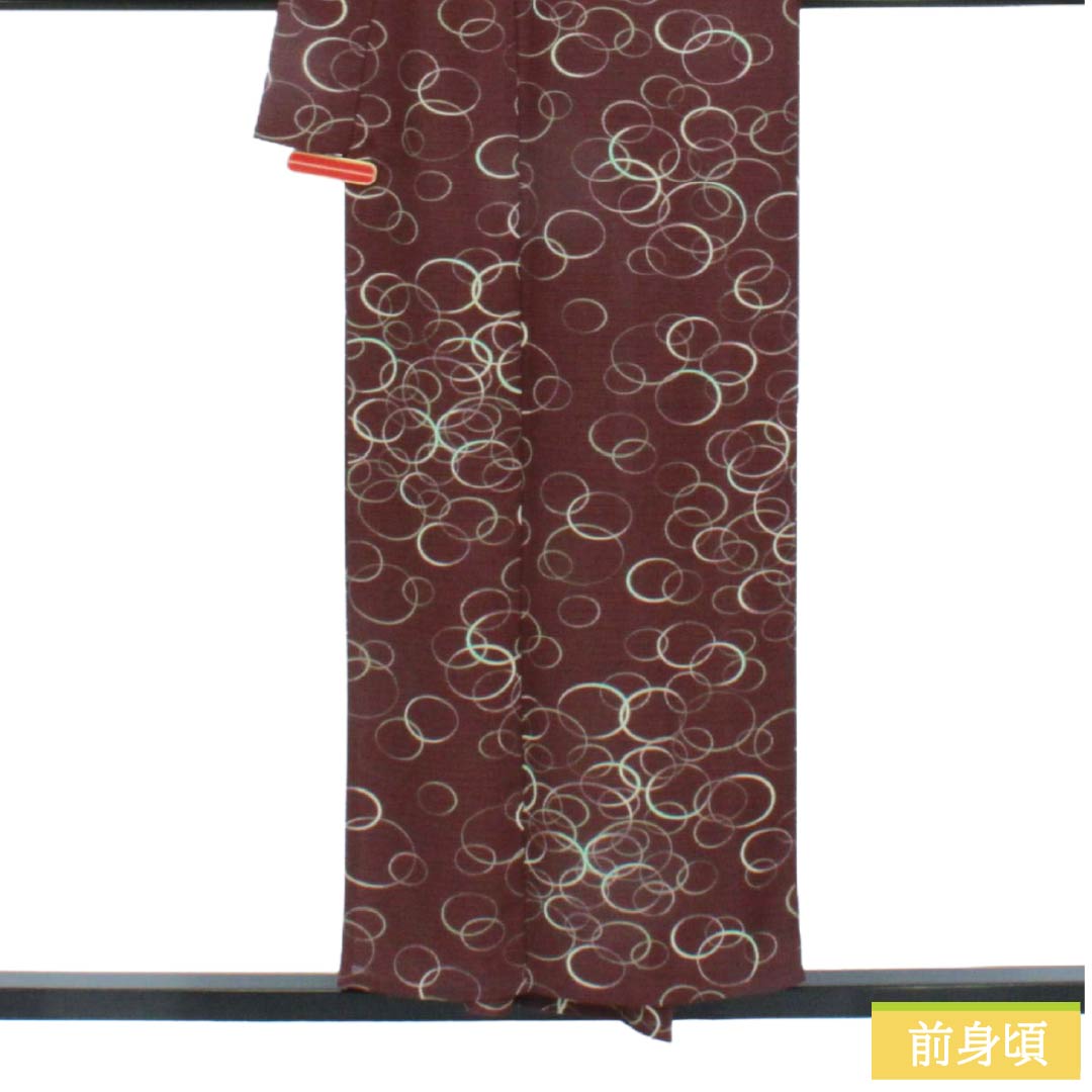 夏物 ポリエステル 小紋 Sランク 身丈152.5cm 裄丈61cm 紅檜皮色（べにひわだいろ） 洗える着物 輪っか 絽 茶系 1132006312214