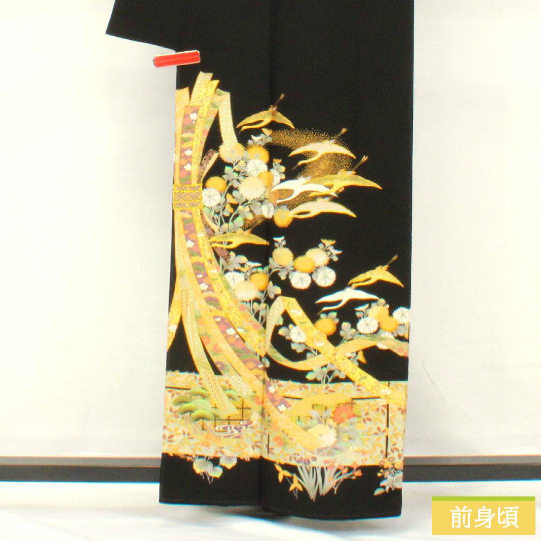 Black formal kimono, pure silk, length 160cm, sleeve length 65cm, lined, Kyoto Yuzen, noshi, crane, five crests, circle with three-tiered diamond pattern, Sanmatsu Silk Care, S rank, black, 1111001532410