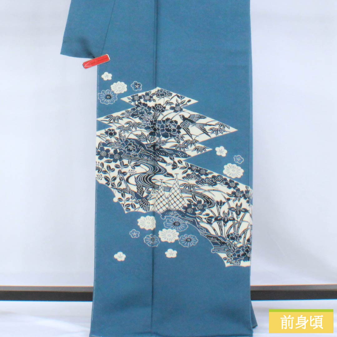 訪問着 正絹 Sランク 袷 身丈166.5cm 裄丈69cm 裏色（うらいろ） 藍型 浜ちりめん 風景模様 しつけ糸付き ソフトガード加工 青系 1112007692517