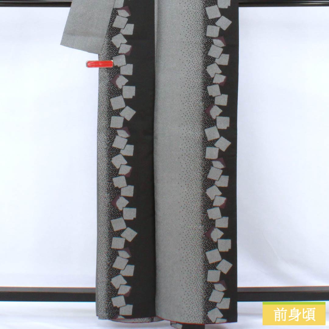 小紋 ポリエステル Sランク 身丈161.5cm 裄丈64cm 袷 抽象模様 洗える着物 モノトーン 1115007492427