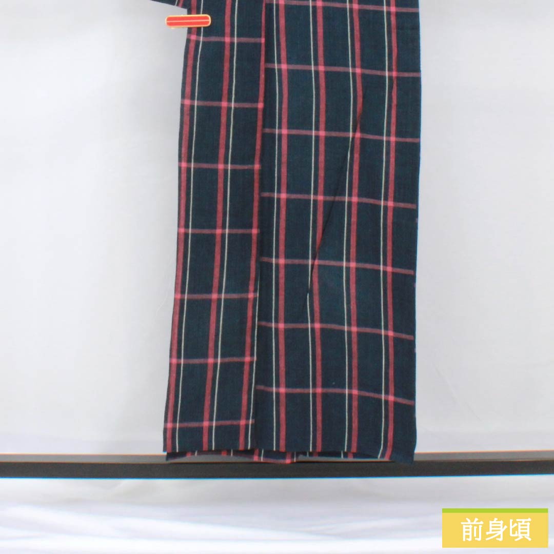 浴衣 木綿 身丈154cm 裄丈65cm Bランク 単衣 紺系 印度藍色（いんどあいいろ） しじら織 格子 1118005624218