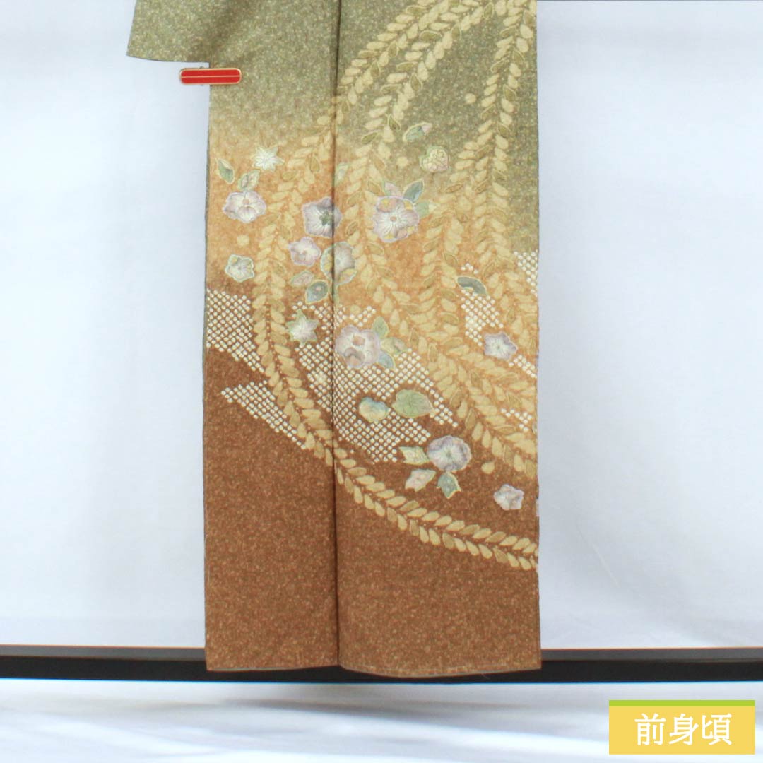 Visiting Kimono, Pure Silk, S-Rank, Lined, Length 155cm, Sleeve Length 64.5cm, Rikyu Nama Kabeiro (Rikyu Nama Kabeiro) Pattern, Shibori, Tsujigahana Pattern, Artist's Work, Green, 1112006862319