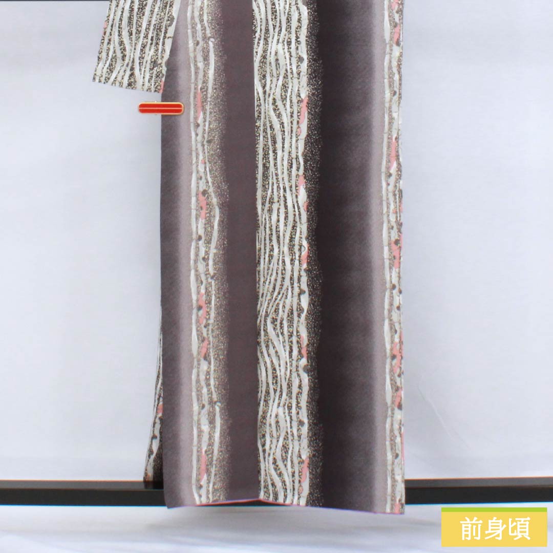 小紋 ポリエステル 身丈158cm 裄丈64.5cm 袷 今鶴羽色（いまつるはいろ） 縦縞 洗える着物 Sランク グレー系 1115006262322