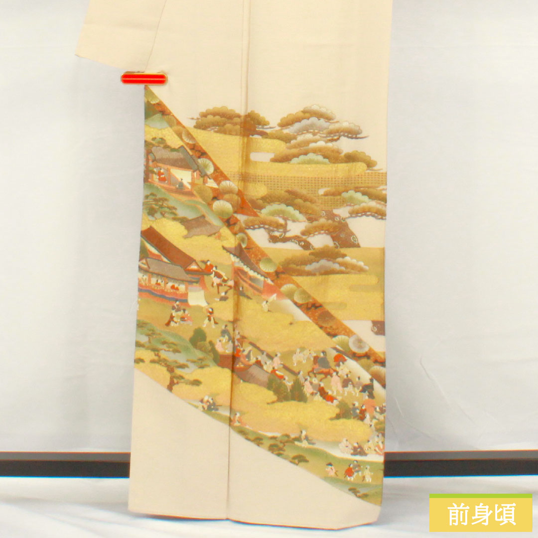 色留袖 正絹 身丈163cm 裄丈64cm 袷 白練色（しろねりいろ） 京友禅 刺繍 時代人物風景模様 一つ紋 三つ柏 パールトーン加工 Aランク ベージュ系 1111001493425