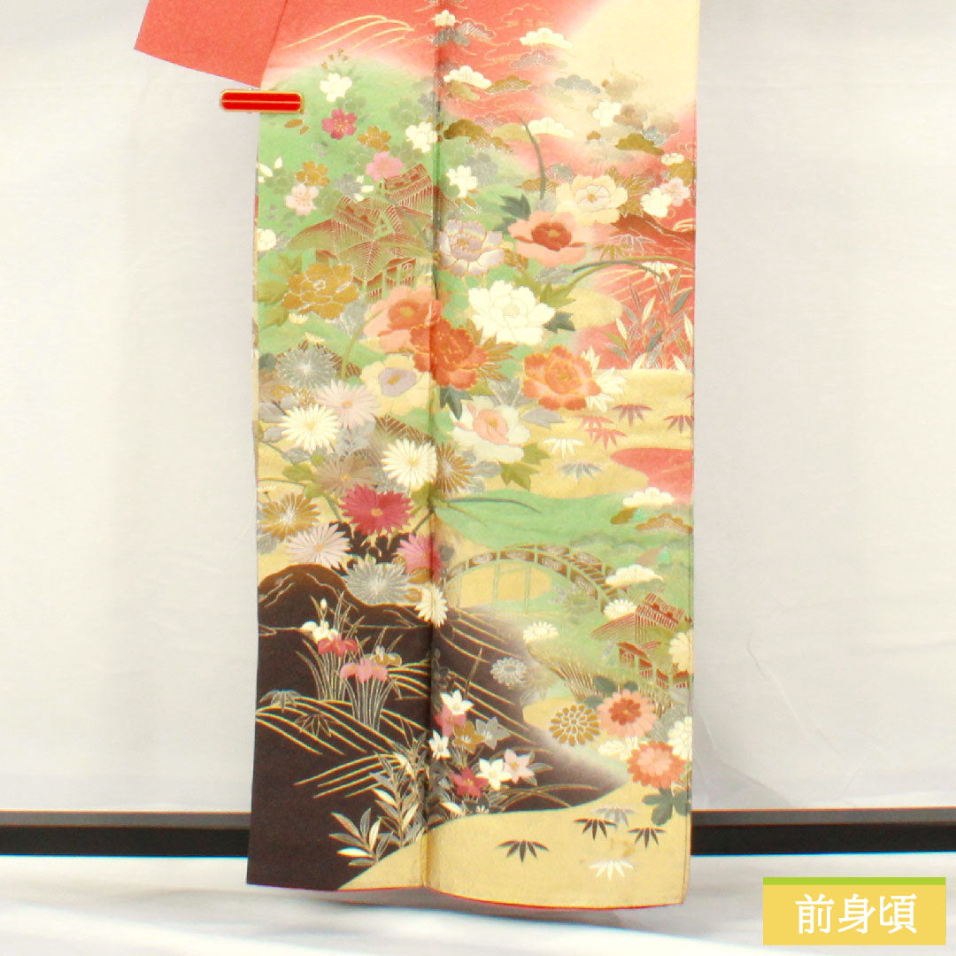 訪問着 正絹 袷 身丈160cm 裄丈63cm 珊瑚色（さんごいろ） 京友禅 刺繡 吉祥文様 Aランク ピンク系 1112005423413