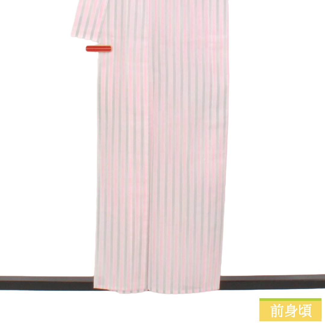 小紋/美品/絽/生成/紅葉/夏/仕立上がり/適応身長150～157㎝/7445 夏着物 単衣 絽 正絹 夏用 小紋 麻の葉模様 薄黄色x薄緑色x薄ピンク
