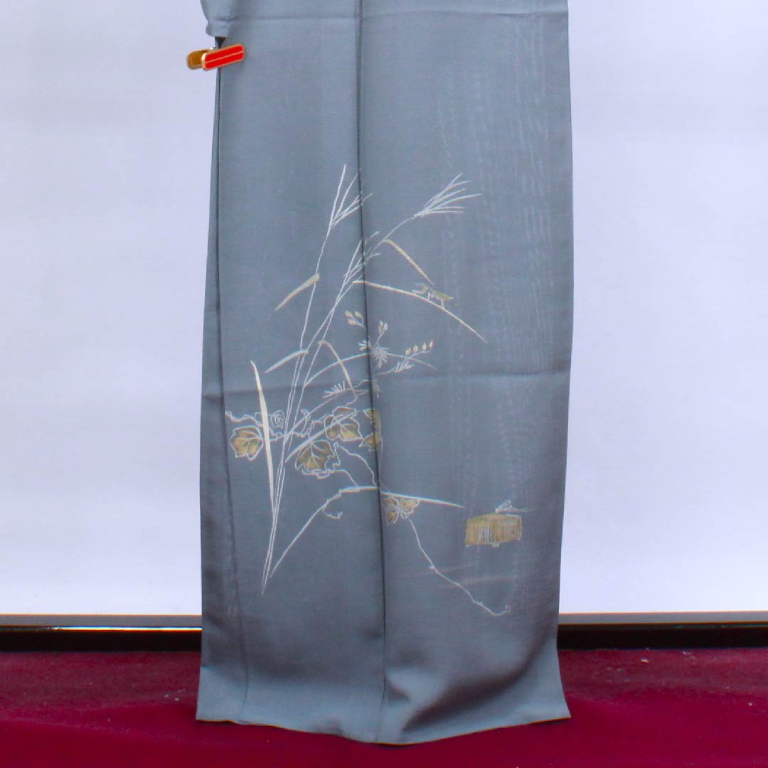 夏物 正絹 訪問着 身丈165cm 裄丈66.5cm 灰青色（はいあおいろ）鈴虫 ススキ 絽 Sランク グレー系 1132000052522