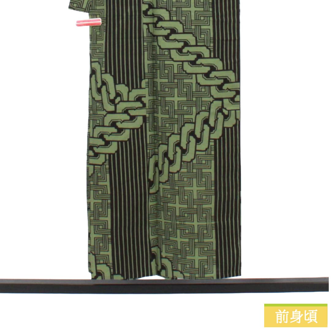メンズ浴衣 木綿 Sランク 身丈151cm 裄丈74cm 浅藍色（あさきあいいろ） 抽象模様 単衣 緑系 1138000742519