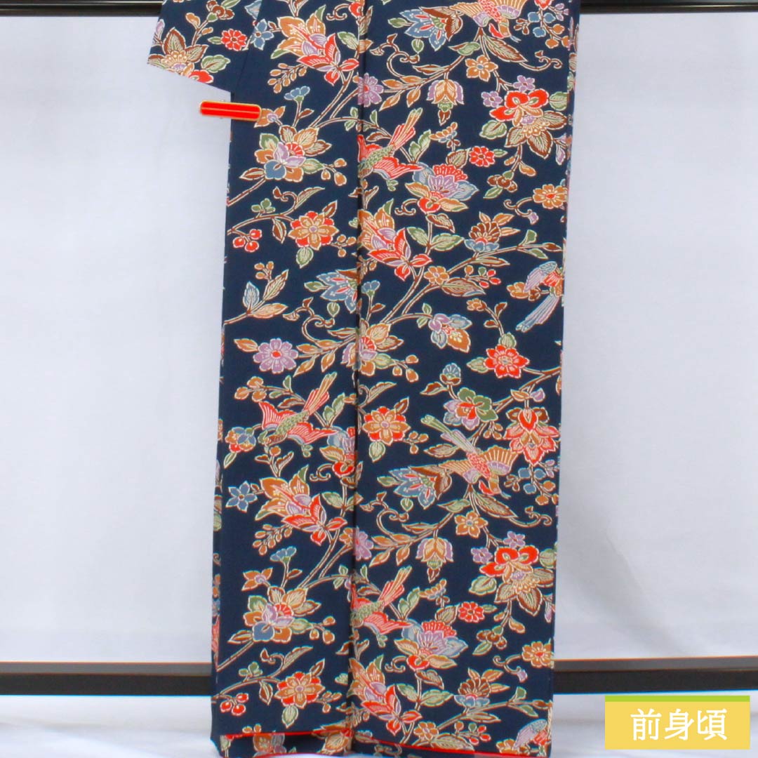 小紋 正絹 Sランク 身丈163cm 裄丈67cm 袷 紺色（こんいろ） 京紅型 草花 鳥 紺系 1115007092418