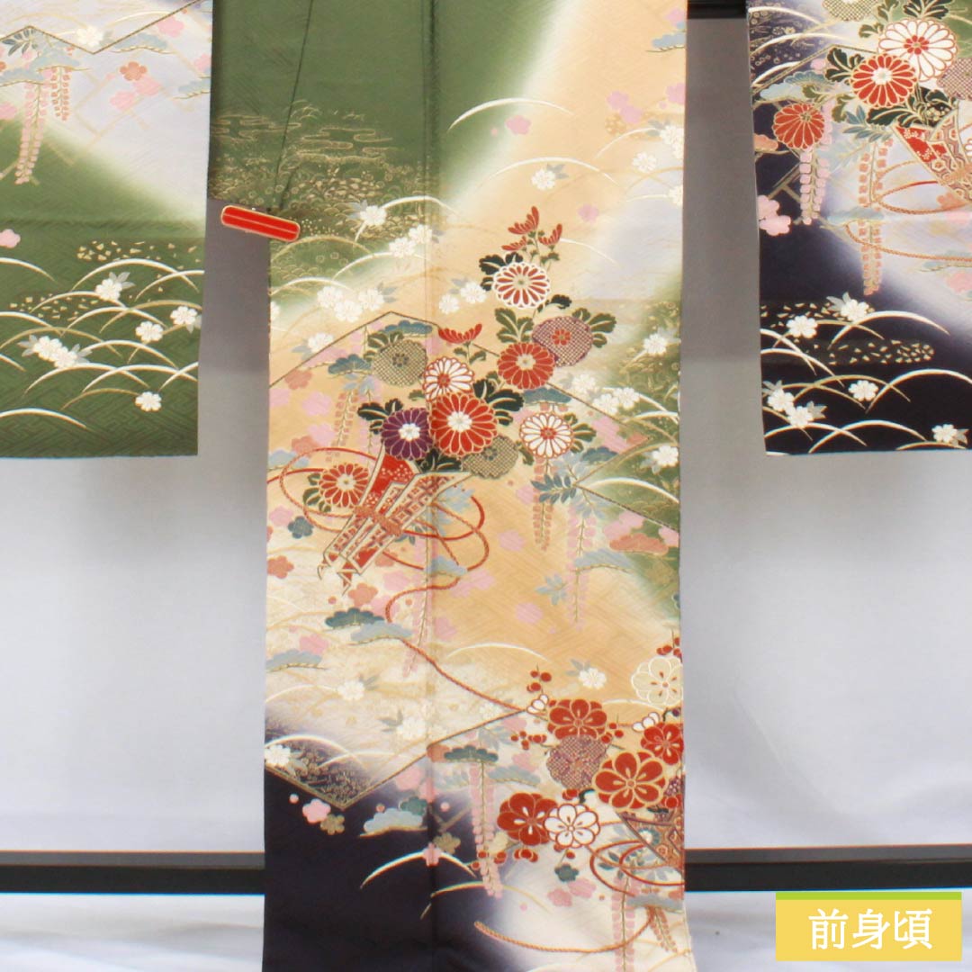 振袖 正絹 Aランク 身丈170.5cm 裄丈68.5cm 袷 山鳩色（やまばといろ） 京友禅 吉祥文様 梅 松 緑系 1113002173619