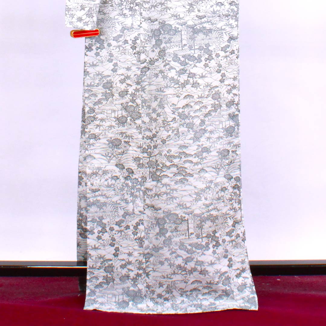 夏物 ポリエステル 小紋 身丈168.5cm 裄丈67.5cm 白色 茶屋辻 松竹梅 流水 絽 Aランク 白系 1132000023511