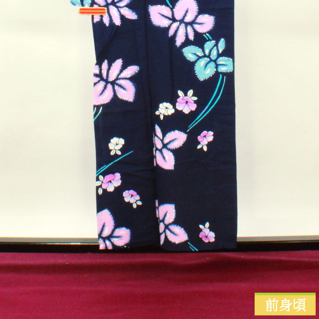 浴衣 木綿 身丈156cm 裄丈64.5cm Sランク 単衣 紺系 濃紺色（のうこんいろ） 菖蒲 椿 1118005182318