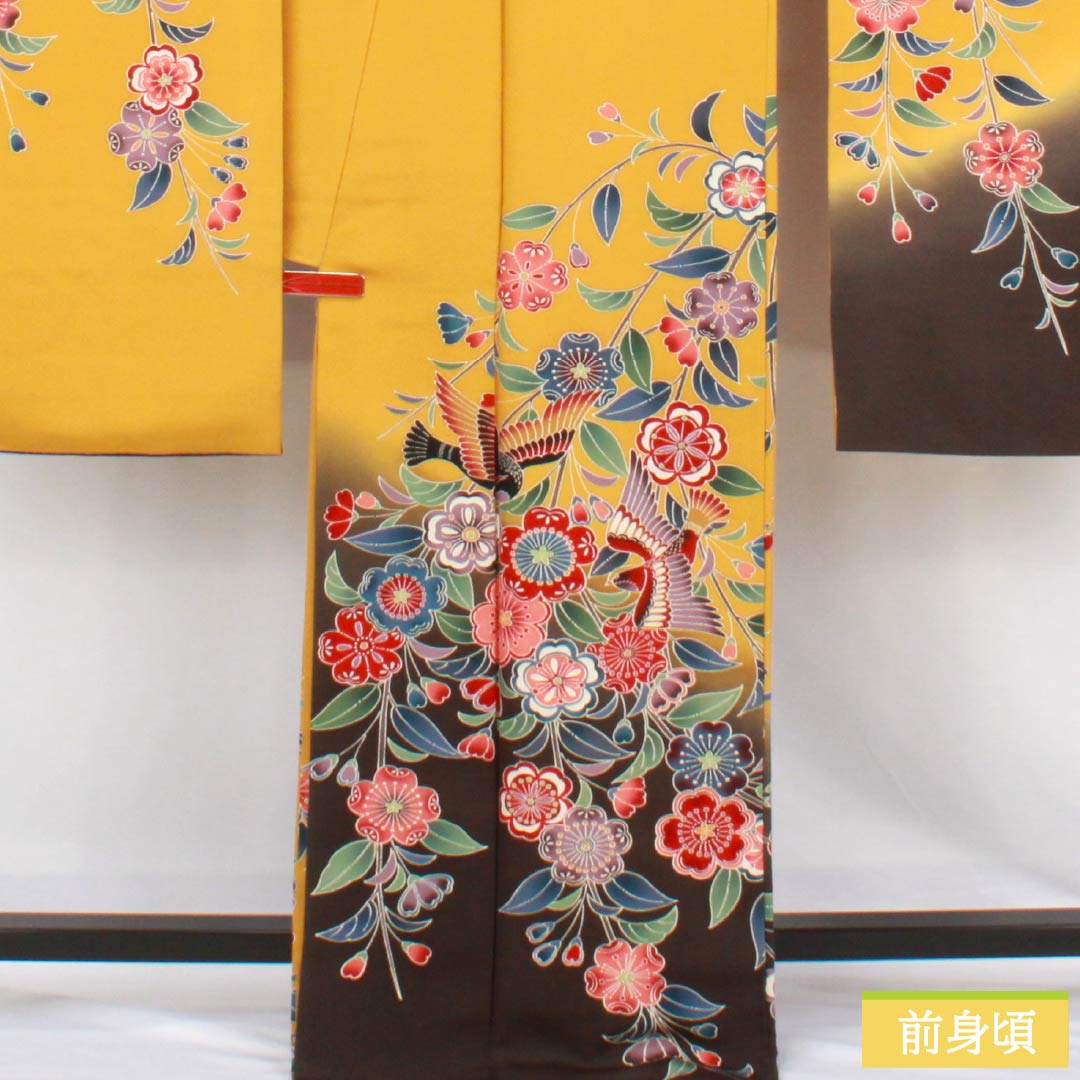 振り袖☆正絹 淡い黄色に雉子文様 リサイクル着物】振袖 正絹 Sランク 身丈179cm 裄丈68.5cm 袷 濃卵色