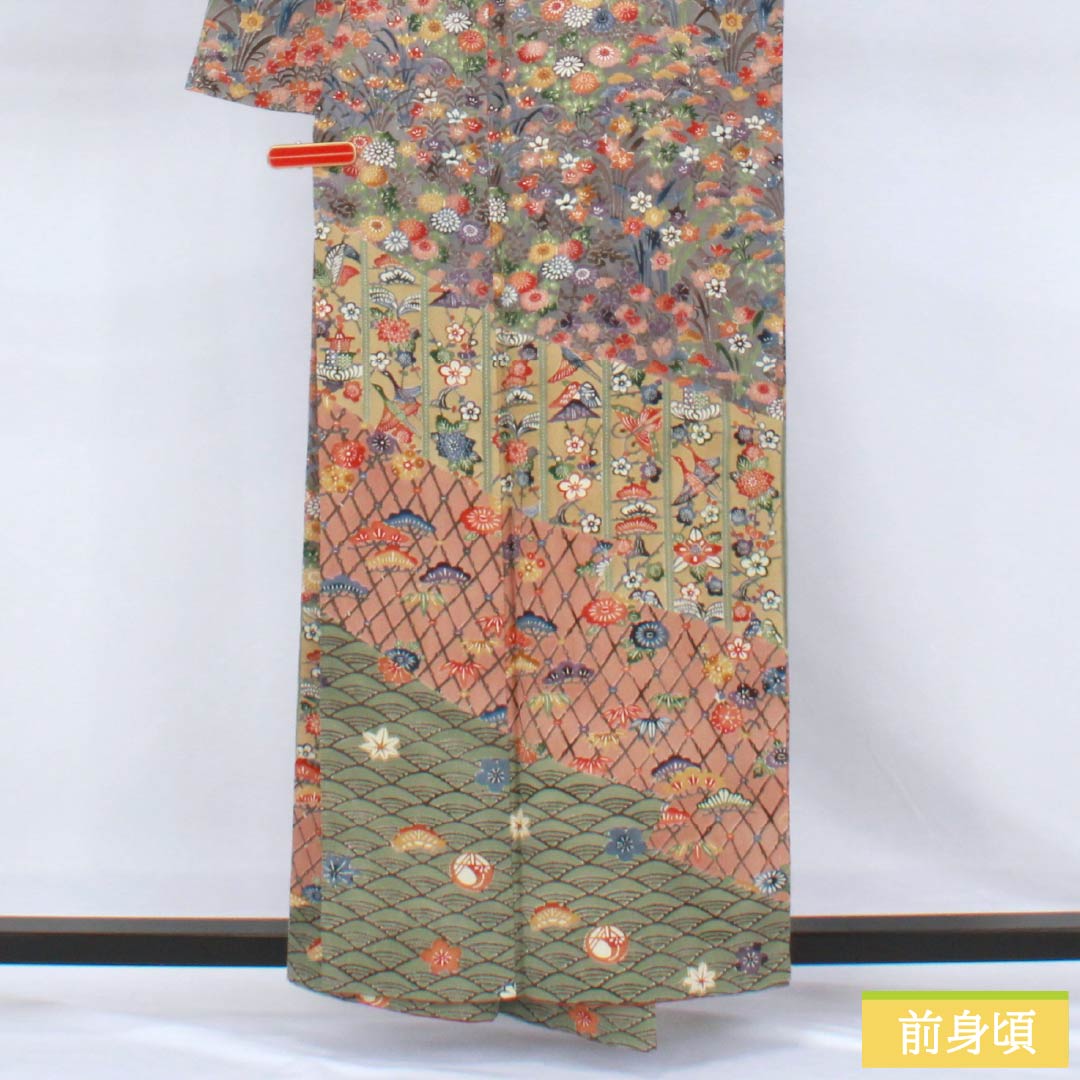 Houmongi Silk S Rank Awase Length 157cm Yuki 66.5cm Ash Purple and Blue Willow Gray Stenciled Dye Nishioka Tomoji Artist Piece Classical Pattern Multicolor 1112007682328