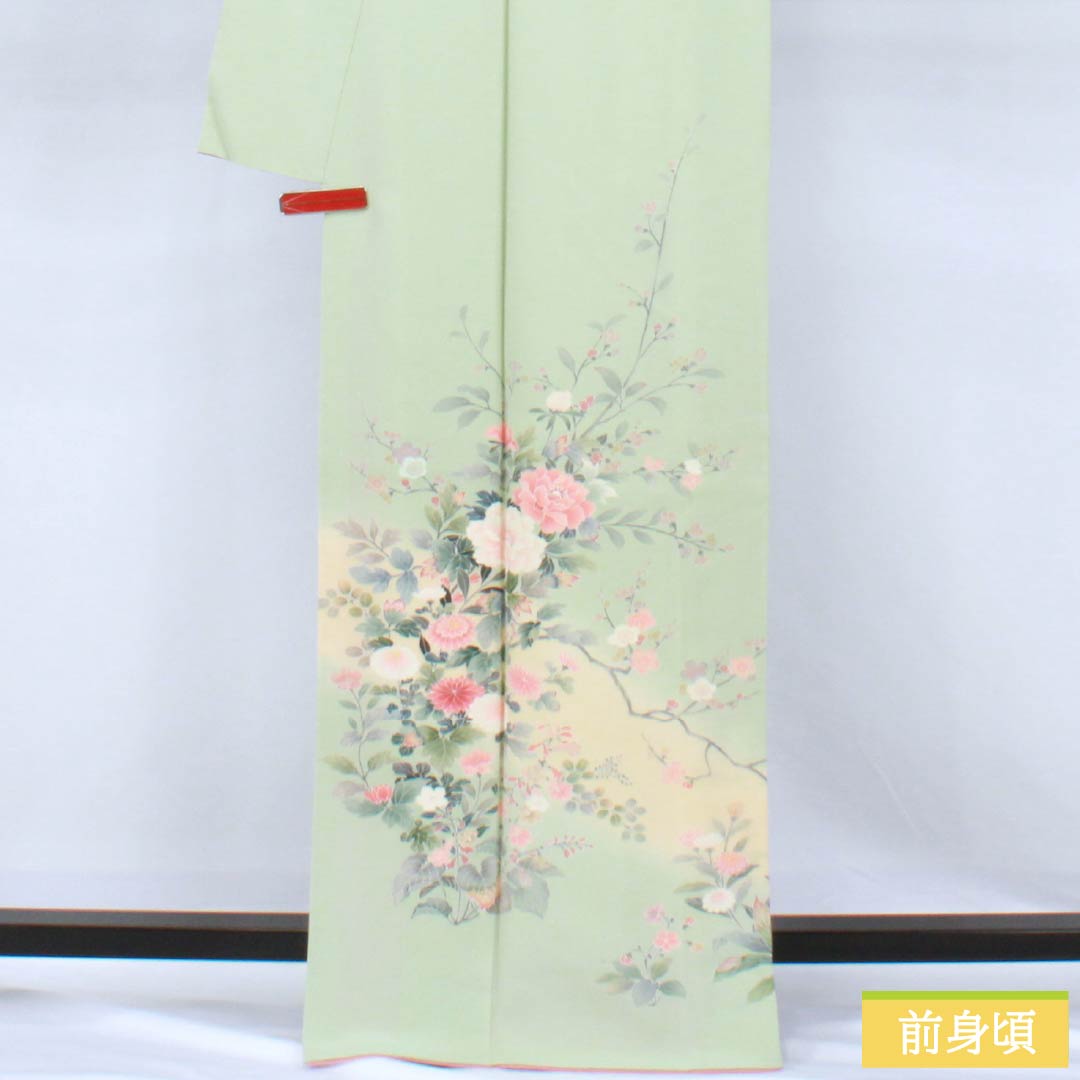 訪問着 正絹 Bランク 袷 身丈165cm 裄丈65.5cm 薄緑色（うすみどりいろ） 花 作家物 周市 しつけ糸付き 緑系 1112006974519