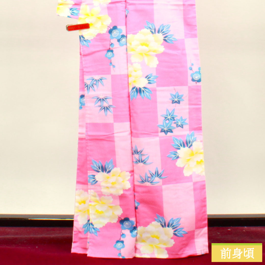 Yukata Cotton Length 165.5cm Sleeve length 66cm S rank Single layer Pink Checkered Peony Plum Autumn leaves 1118004652513