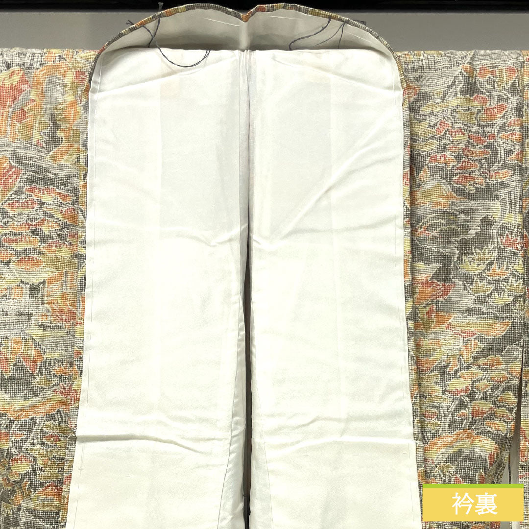 Tsumugi silk, length 150.5cm, sleeve length 62cm, silk grey, landscape pattern, basting thread included, unused, S rank, lined, grey, 1116003402122