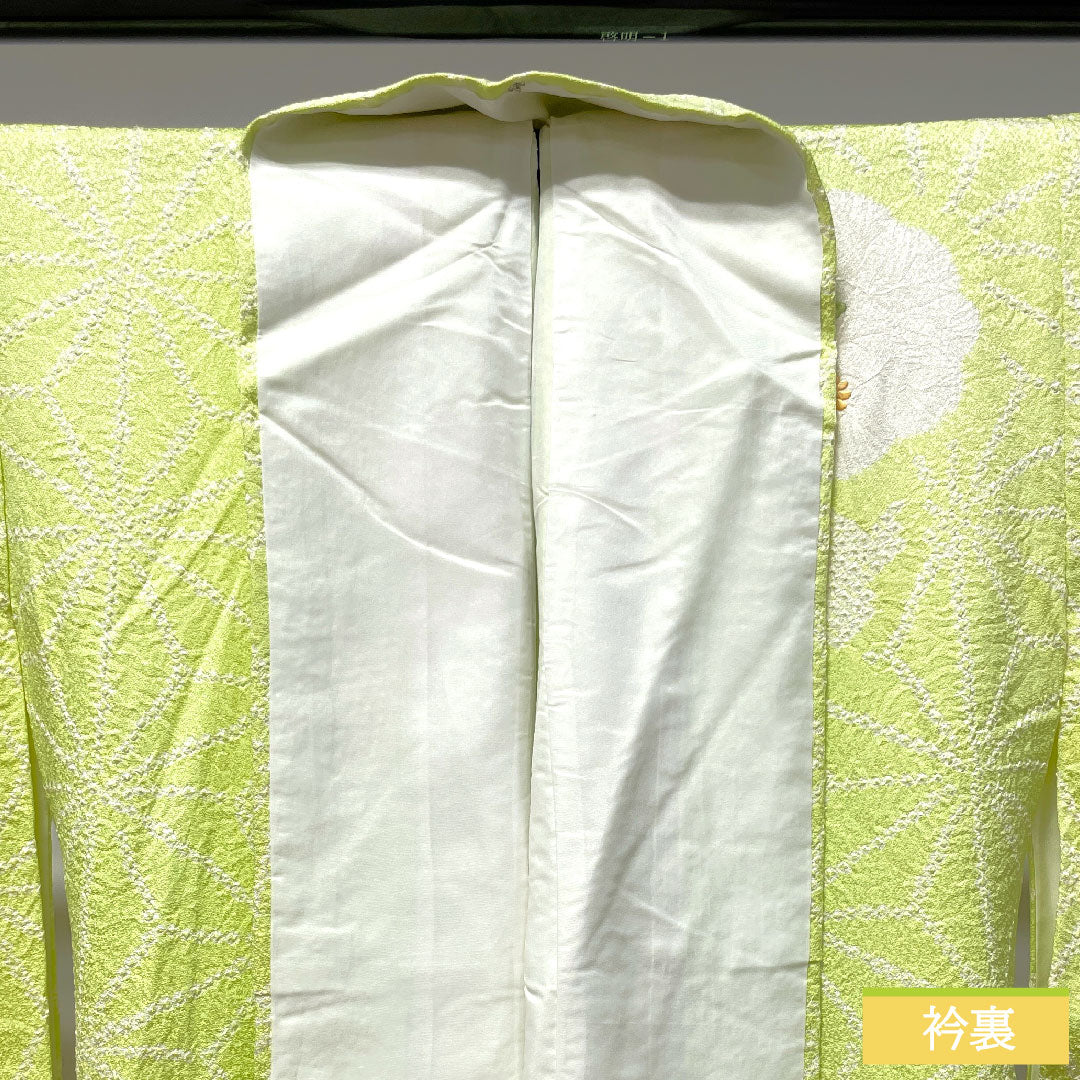 Homongi, pure silk, lined, length 162.5cm, sleeve length 62cm, young bud color, embroidery, tie-dye, hemp leaf, A rank, green, 1112003433419