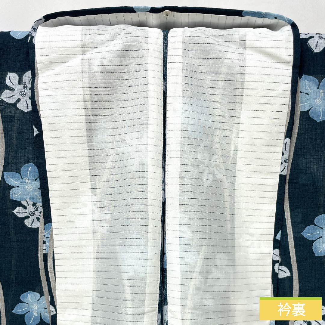 夏物 ポリエステル 小紋 身丈167cm 裄丈69cm 高麗納戸色（こうらいなんどいろ） よろけ縞 花 洗える着物 紗 Sランク 青系 1132002352517