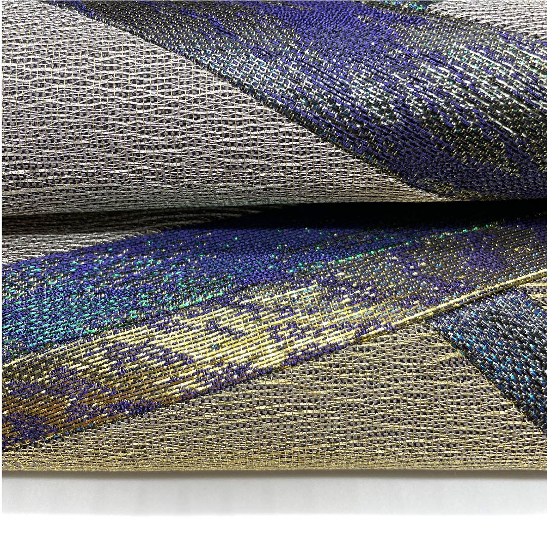 袋帯 切り嵌め 幾何学模様 帯丈446cm 正絹 Aランク 六通 セミフォーマル 銀系 1123005643322