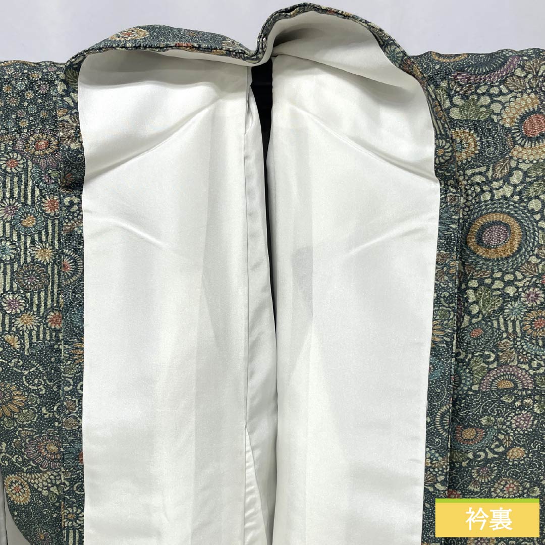 小紋 正絹 Aランク 身丈155.5cm 裄丈64cm 袷 鉄色（てついろ） 江戸小紋 南部幸雄 菊 割付文様 緑系 1115007243319