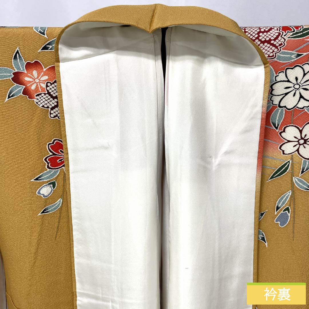 Formal Silk Kimono (Furisode) S-rank, Length 157cm, Sleeve-to-sleeve 62cm, Lined, Wheat color, Kyo Yuzen Dyeing, Auspicious patterns, Butterflies, Flowers, Flowing water, Orange tones, 1113002882326