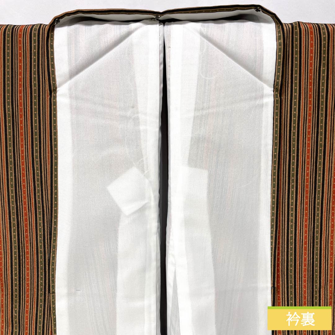 小紋 ポリエステル 身丈162.5cm 裄丈65.5cm 袷 縞 洗える着物 Sランク ベージュ系 1115005502425