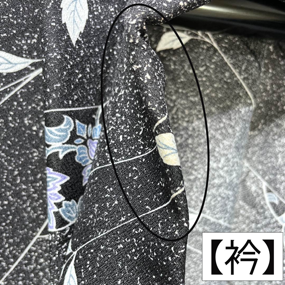 小紋 ポリエステル Aランク 身丈154.5cm 裄丈64.5cm 単衣 洗える着物 草花模様 黒系 1115008183210