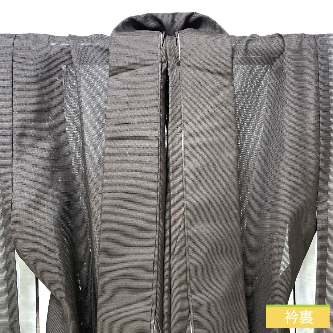 夏物 ポリエステル 付下げ Aランク 身丈160cm 裄丈64.5cm 玄色（げんいろ） 洗える着物 ボカシ染 一つ紋 絽 茶系 1132006143414