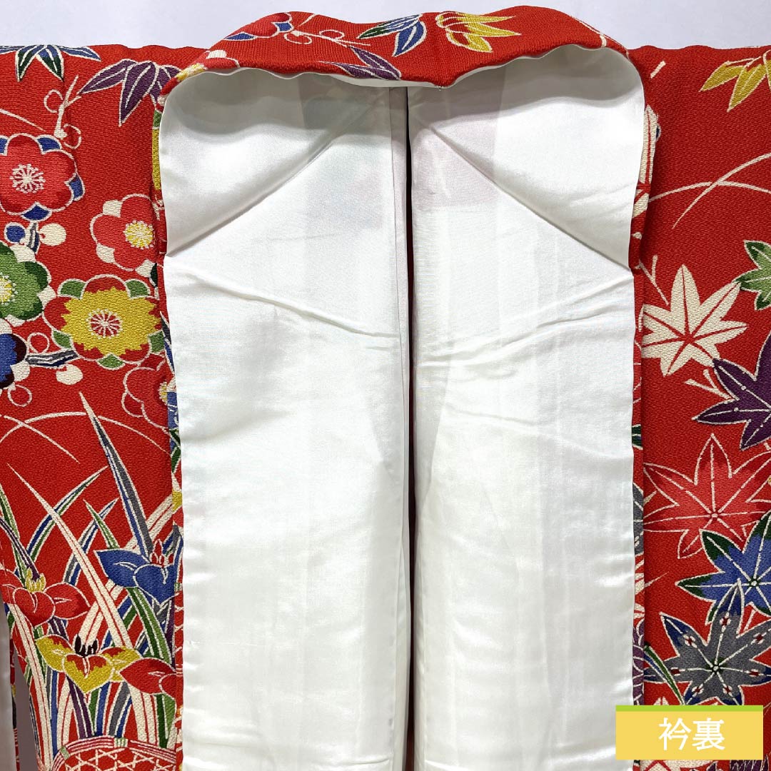 Furisode (long-sleeved kimono) made of pure silk, grade A, length 158.5cm, sleeve length 66cm, lined, red, Kyoto Bingata pattern, auspicious motifs of plum blossoms, irises, and flowing water, red tones, product number 1113002633312