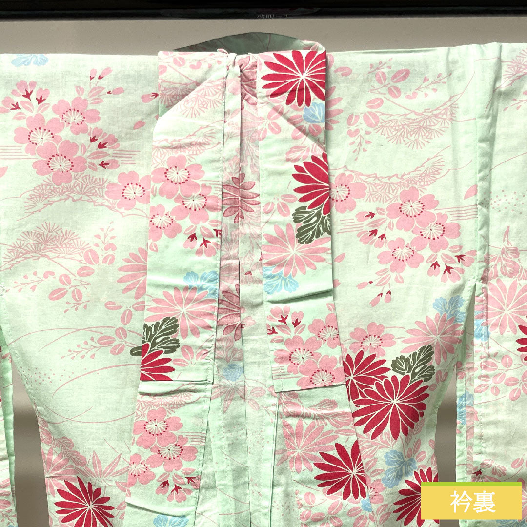 浴衣 木綿 身丈168.5cm 裄丈64cm Sランク 単衣 緑系 白緑色（びゃくろくいろ） 菊 桜 萩 1118004682519