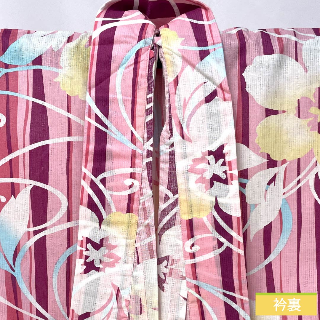 Cotton Yukata, Length 164.5cm, Sleeve Length 62.5cm, S Rank, Single Layer, Pink/Peach (Momoiro) with Hibiscus Stripes, 1118006702413