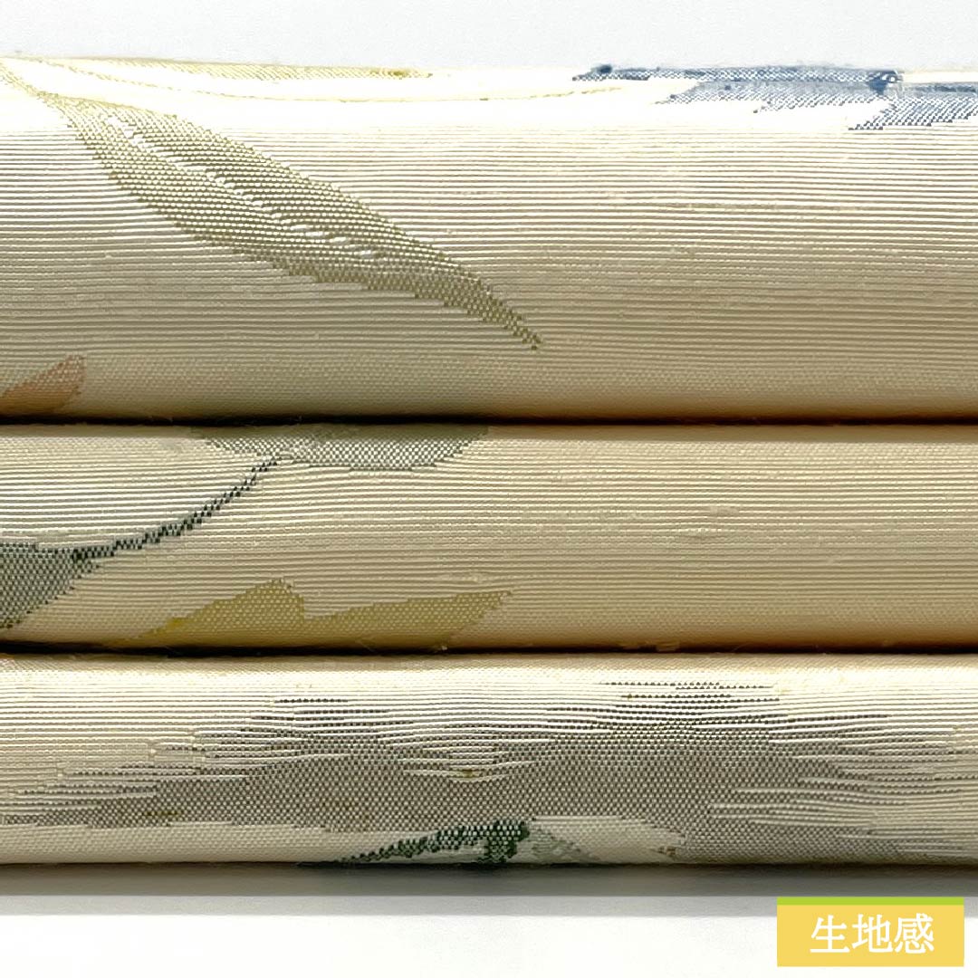 袋帯 正絹 Aランク 生成り色（きなりいろ） ふくれ織 紬地 草花模様 帯丈426cm 六通 カジュアル クリーム系 1123015303315