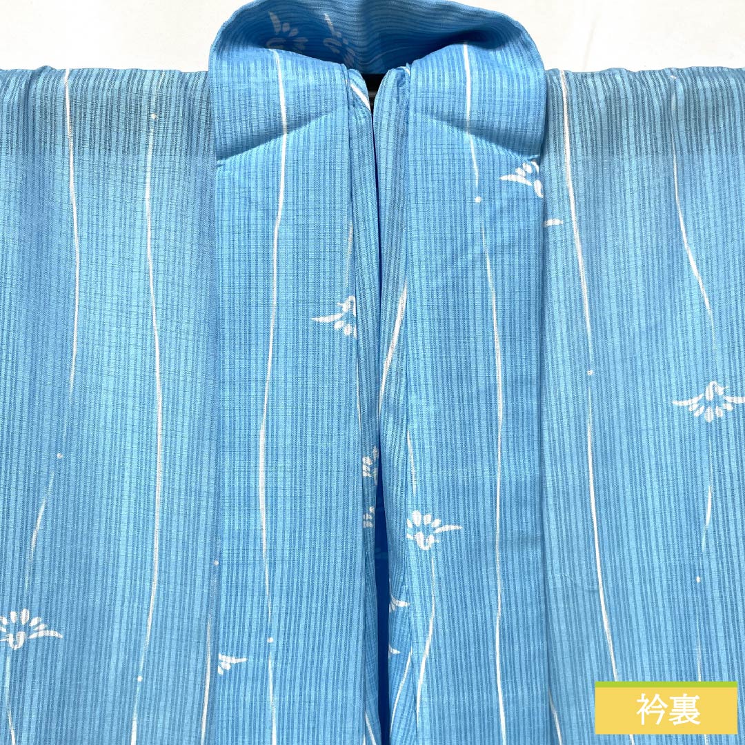 夏物 ポリエステル 小紋 身丈161cm 裄丈68cm 浅藍色（うすらんいろ） 竪絽 縞 鶴 絽 Bランク 水色系 1132002484424