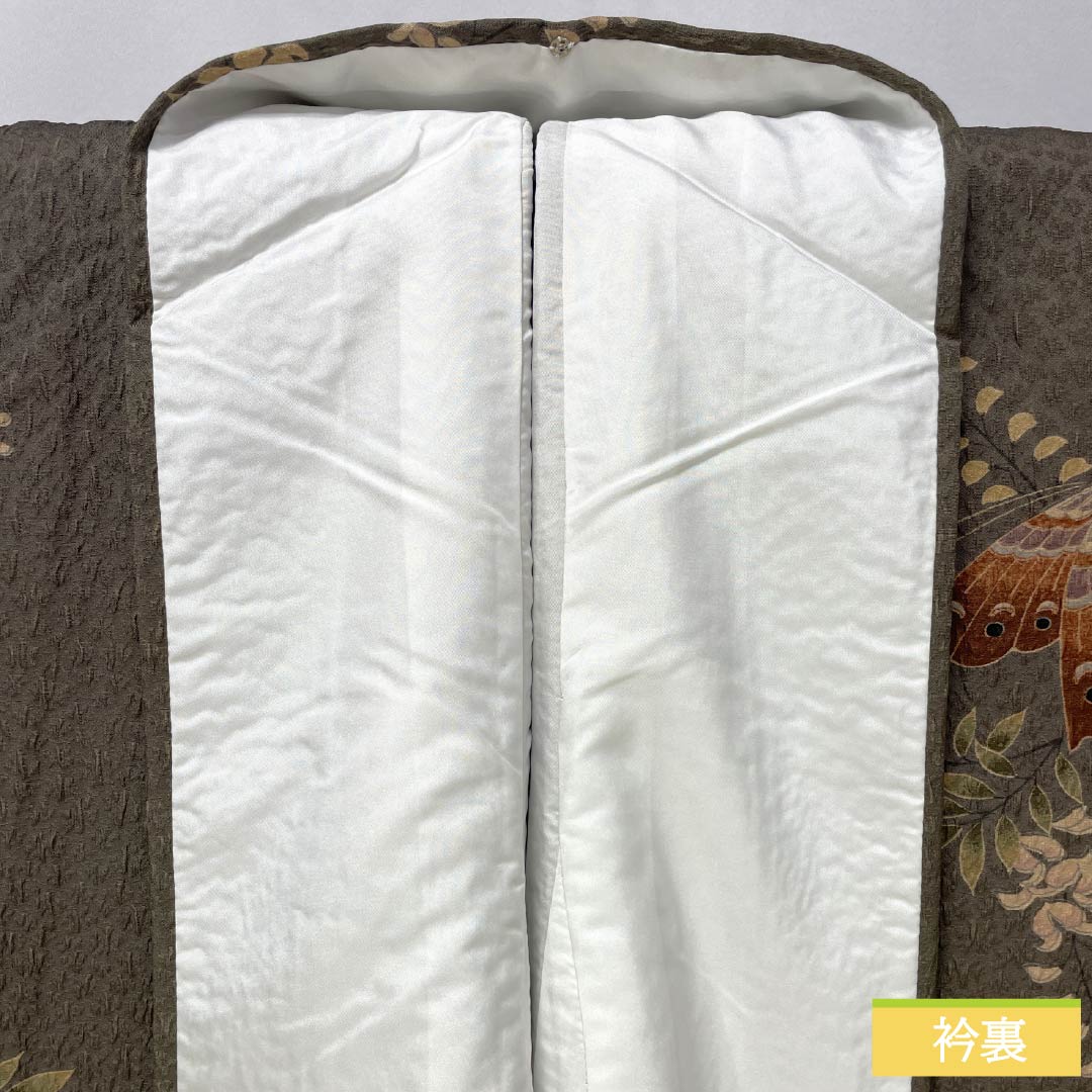 小紋 ポリエステル 身丈163.5cm 裄丈66cm 袷 消炭色（けしずみいろ） 藤 蝶 しつけ糸付き Sランク グレー系 1115005592422