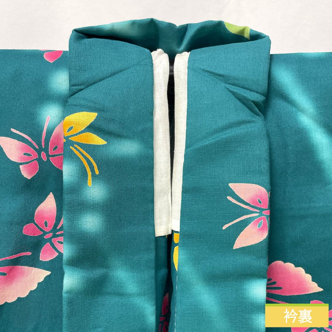 浴衣 木綿 身丈151.5cm 裄丈61.5cm Sランク 単衣 緑系 織色（おりいろ） 蝶 1118005862219