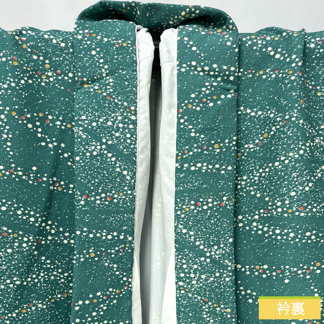 小紋 ポリエステル 身丈156cm 裄丈64cm 袷 中藍色（なかのあいいろ） ドット柄 洗える着物 しつけ糸付き Sランク 緑系 1115006222319