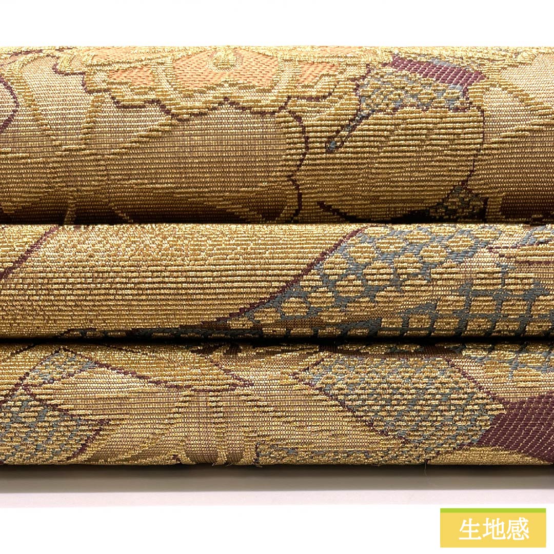 袋帯 正絹 留袖用 輪奈織 ねじり菊 波 桜 帯丈454cm Aランク 六通 フォーマル 金系 1123014353421