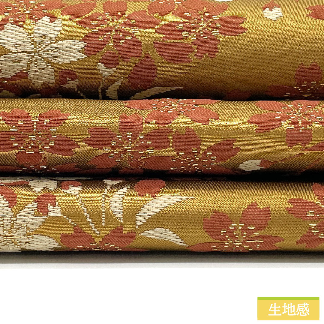 （京袋帯）名古屋帯 ポリエステル Aランク 枇杷茶色（びわちゃいろ） 京袋帯 桜 帯丈370cm 六通 カジュアル 黄系 1124011053323 開き仕立て