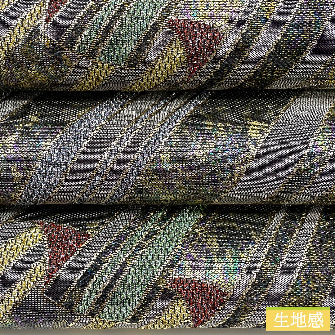 袋帯 正絹 薄黒色（うすぐろいろ） 幾何学模様 帯丈432cm Sランク 六通 セミフォーマル 銀系 1123010992322